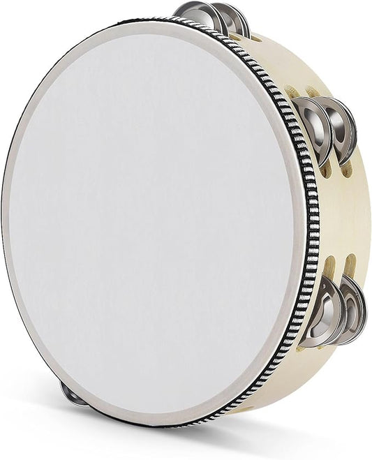 Flexzion Wooden Round Tambourine for Kids and Adults 8" Inch Single Row 8 Pair Jingles, Wood Handheld Percussion Instrument for Beginner and Professional Tambourine Player