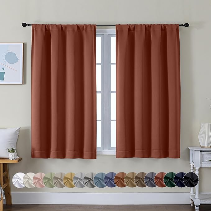 Simplebrand Ava Terracotta Short Blackout Curtains for Bedroom 45 Inches Long 2 Panels Set, Solid Thermal Insulated, Energy Saving Window Treatment Curtains Blackout Drapes, W40 x L45 Inch, Terracotta