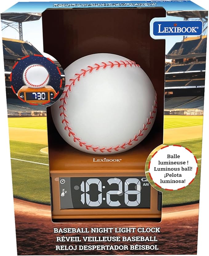 LEXiBOOK, Baseball - Baseball Nightlight Alarm Clock, Sounds and Melodies, LCD Backlit Screen, Luminous, Snooze, Brown/White, RL800BL