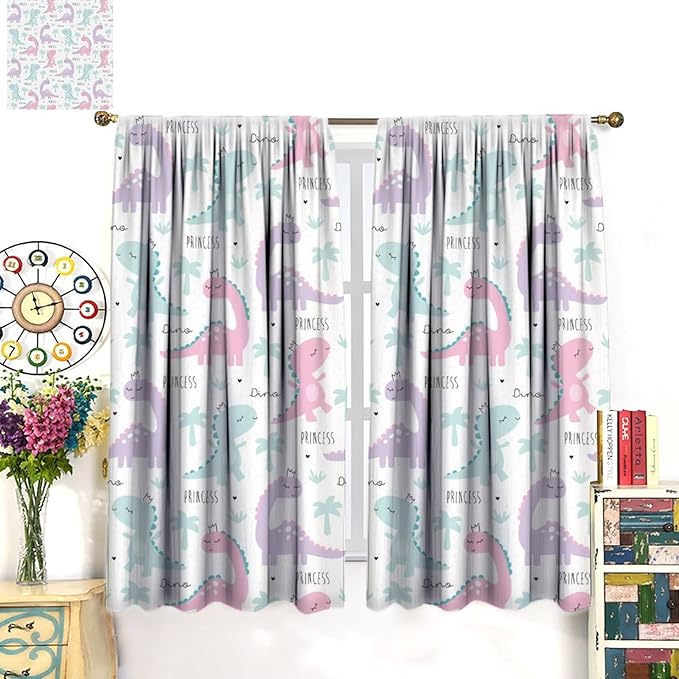 Kids Dinosaur Curtains for Boys Girls Bedroom Decor Cartoon Dino Colorful Cute Funny Animal Wildlife Printed Blackout Rod Pocket Window Drapes for Baby Nursery Playroom W21xL45in 2 Panels