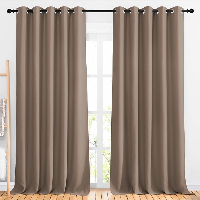 NICETOWN Bedroom Blackout 110 inch Curtains for Sliding Glass Door, Grommet Thermal Insulated Solid Window Treatments Sound Reducing for Living Room, W66 x L110, Cappuccino, Set of 2