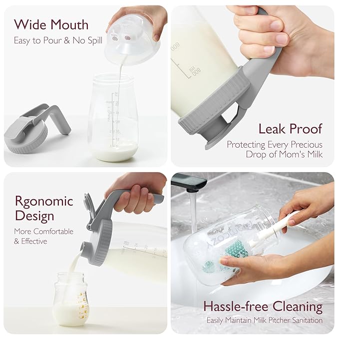 Momcozy Breast Milk Pitcher, Resistant to Heat and Cold Abrupt Temp Swings, No Leak Glass Breast Milk Fridge Storage Container with Wide Mouth, Fast Baby Formula Maker, Breastfeeding Essentials, Grey