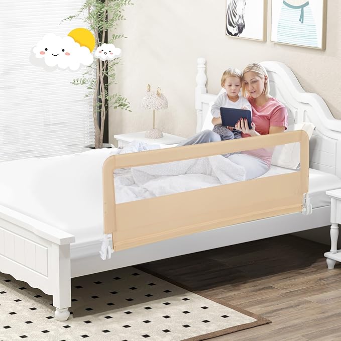 BABY JOY Bed Rails for Toddlers, 59'' Extra Long, Swing Down Bed Guard w/Safety Strap, Folding Baby Bedrail for Kids Twin, Double, Full Size Queen & King Mattress (59-Inch, Beige)