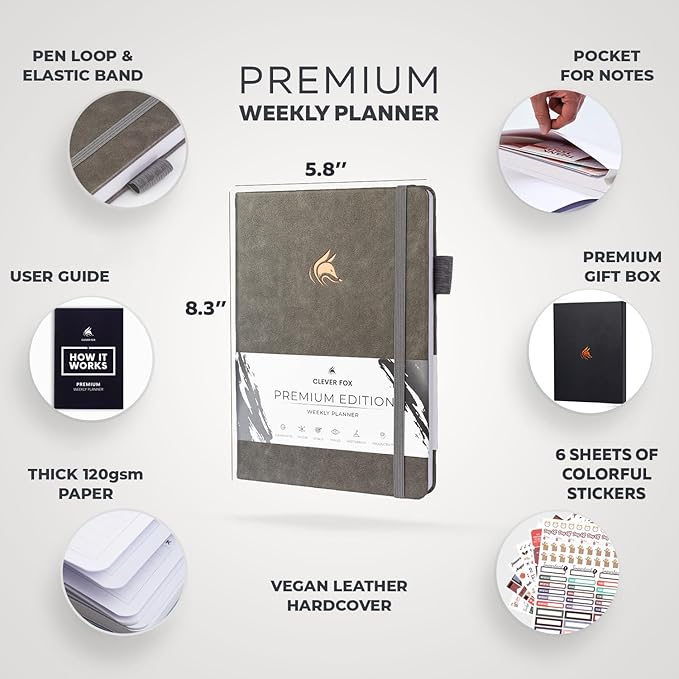 Clever Fox Planner Premium Edition – Undated Luxurious Weekly & Monthly Planner to Increase Productivity and Hit Your Goals – Organizer – Start Anytime, A5, Lasts 1 Year, Gray (Weekly)