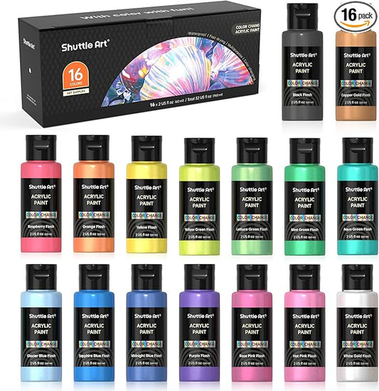 Shuttle Art Color Change Acrylic Paint Set, 16 Colors Chameleon Colors Acrylic Paint in Bottles (60ml/2oz), Non-Toxic for Artists, Beginners and Kids on Rocks, Crafts, Canvas, Wood, Fabric, Ceramic