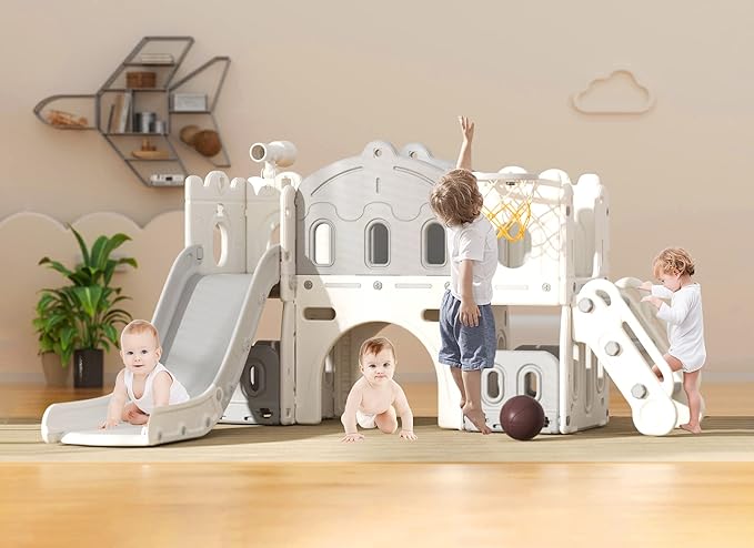 XJD 7 in 1 Toddler Slide Set, Kids Slide for Toddlers Age 1+, Toddler Climber Slide PlaySet with Basketball Hoop and Ball,Outdoor Indoor Playground for Toddlers 1-3