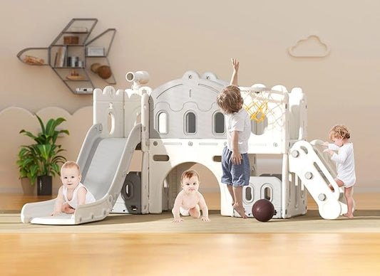 XJD 7 in 1 Toddler Slide Set, Kids Slide for Toddlers Age 1+, Toddler Climber Slide PlaySet with Basketball Hoop and Ball,Outdoor Indoor Playground for Toddlers 1-3