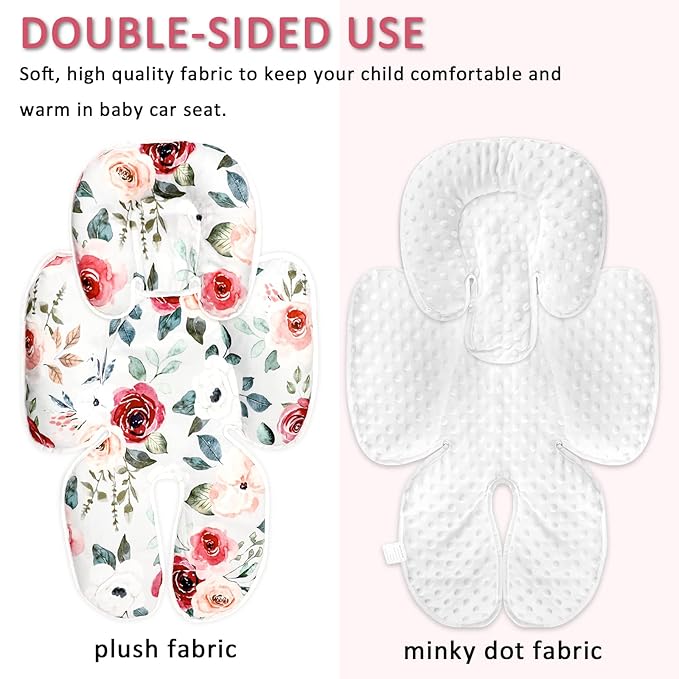 2 in 1 Infant Car Seat Insert, Car Seat Head Support Baby Girls Boys, Soft Newborn Carseat Insert Cushion, Perfect for Carseats, Strollers, Swings (Rose Flower)