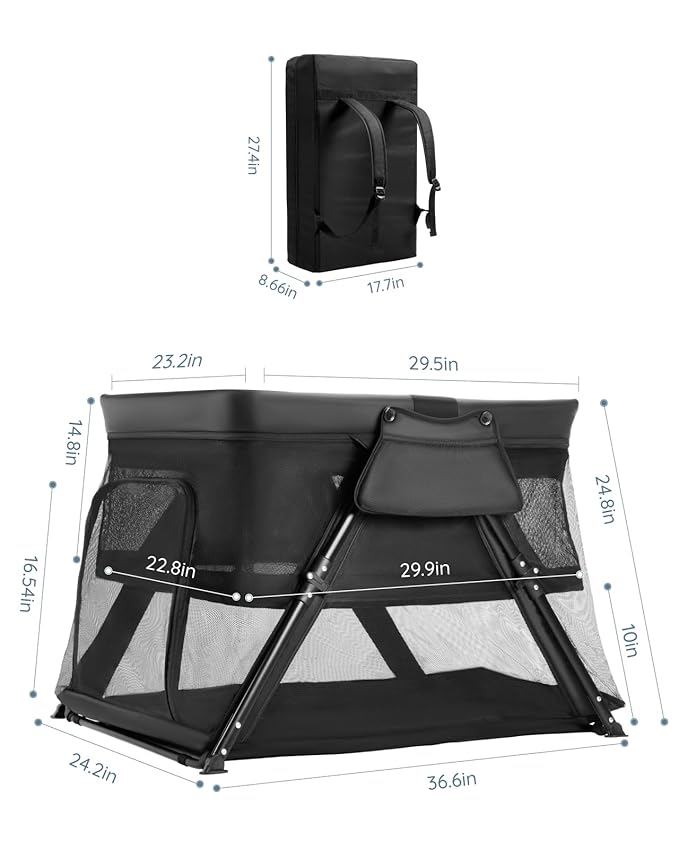 Lilian&Gema 2-in-1 Travel Crib, Portable Crib with Backpack, Lightweight Baby Travel Playpen, Foldable Play Yard with Thick Mattress for Babies & Toddlers, Baby Travel Essential