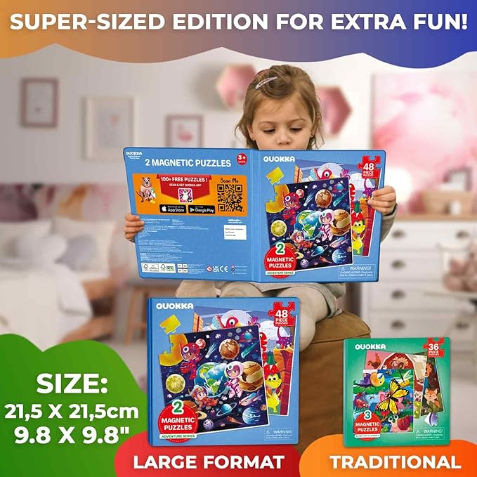 QUOKKA Magnetic Puzzles for Toddlers 4-6 - 2x48 Travel Puzzle Games for Kids Ages 3-5 Years Old - Dinosaur Car Activities Toy for Boys and Girls 2-4 yo - Space Learning Magnet for Road Trip