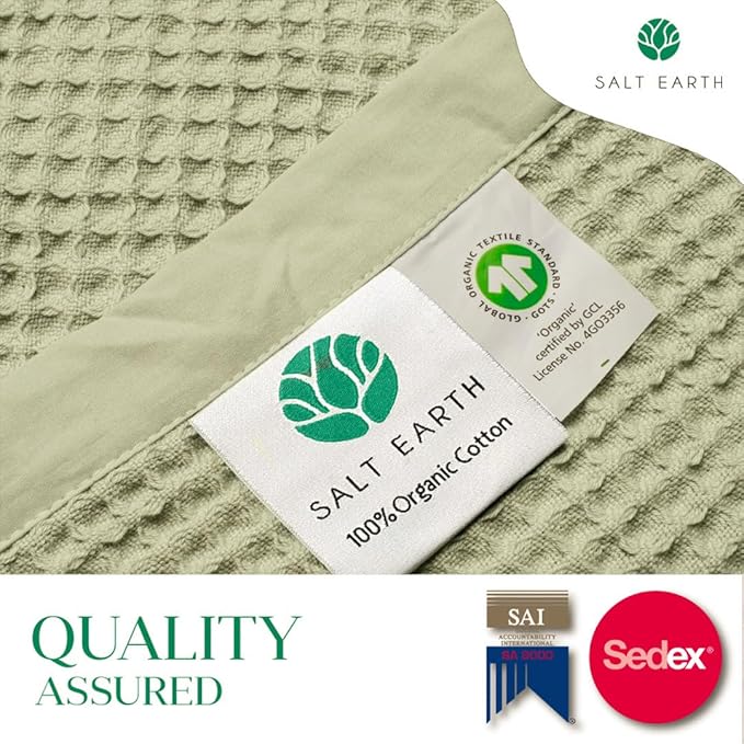 Salt Earth GOTS Certified 100% Organic Cotton Throw Blanket, 108" X 90" Waffle Blankets & Throws for Bed, Throw Blanket for Couch, Modern & Cozy Blanket, All Seasons, Comfy & Soft Blanket (Sea Foam)