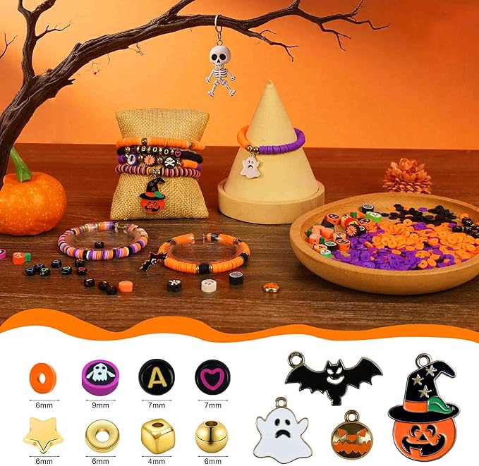 Redtwo 3000 Pcs Halloween Clay Beads for Bracelet Making Kit, Halloween Decorations Charms Jewelry Making, DIY Crafts for Gifts Party Favors