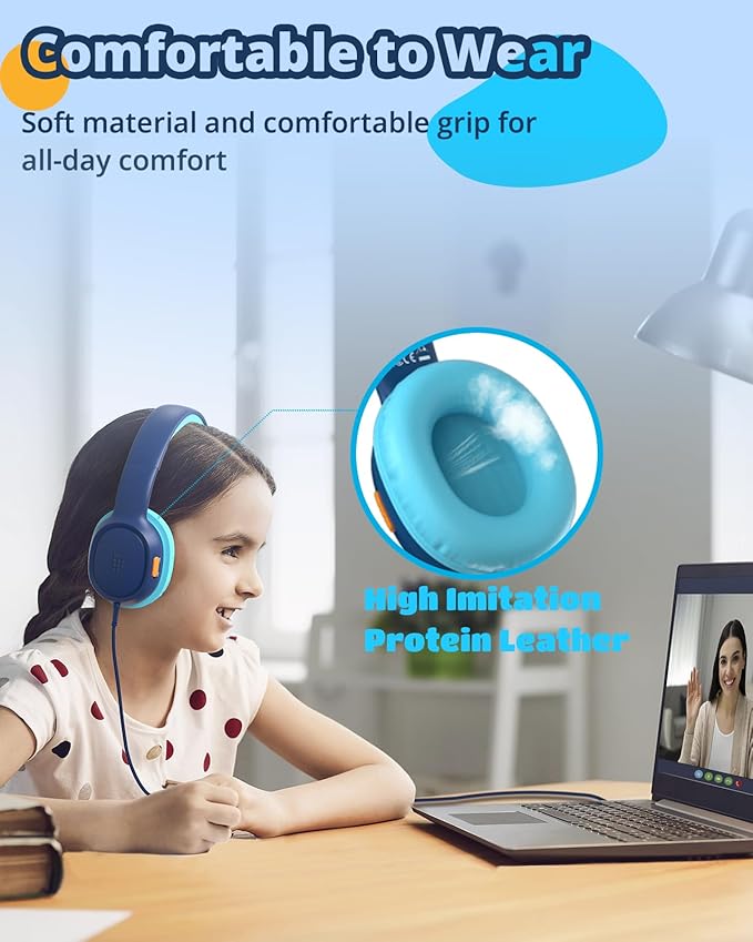 Tronsmart Kids Headphone for School Travel, Foldable Safe Volume 85/93dB, HD Stereo Sound Over-Ear Boys Girls Headphones for Kid, 3.5mm Kids Headphones with Cord for iPad, Kindle, Tablets,KH01(Blue)