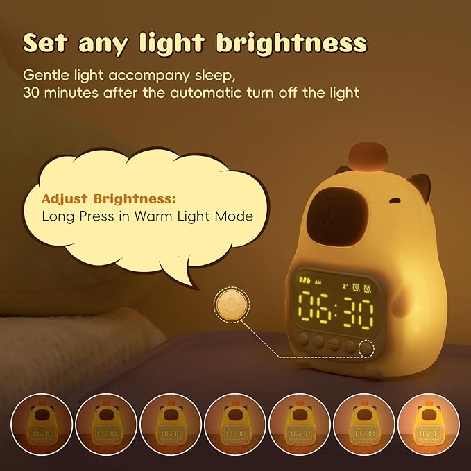 Capybara Alarm Clock with Night Light for Kids, Cute Alarm Clocks for Bedrooms Ok to Wake Clocks, Silicone Animal Tabletop Lamp for Teen Girls Boys