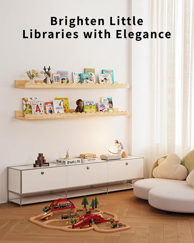 Nursery Book Shelves, 4-Pack Wood Floating Shelves for Wall Kids, Scalloped Shelves, Wall Book Shelves for Bedroom Kids, Toddler Room, Baby Room, Nursery Decor(Wood, 36 Inches)