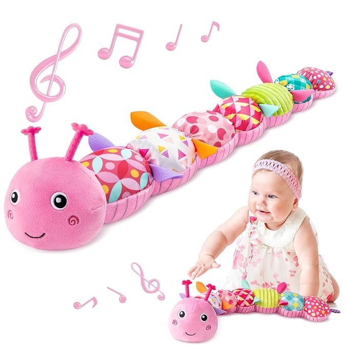 Sumobaby Infant Baby Musical Stuffed Animal Toys for 0-3-6-12 Months,Multi Sensory Toys with Crinkle and Rattles, Tummy Time Toys for Newborn Boys Girls, Caterpillar, Pink