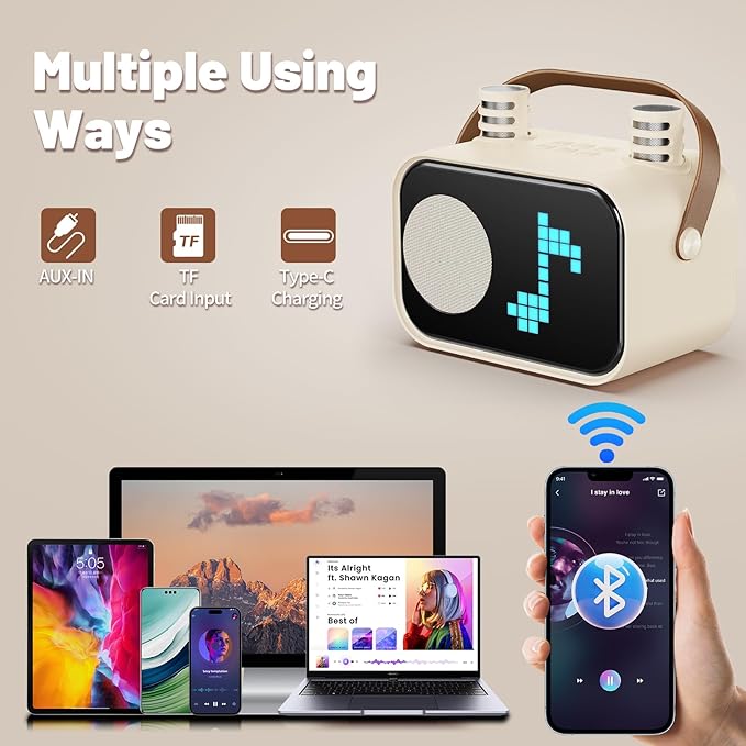 Karaoke Machine for Kids Adults, Portable Bluetooth Karaoke Speaker with 2 Wireless Microphones, Pixel Display Light, Birthday Gifts Toys for Girls & Boys Ages 3, 4, 5, 6, 7, 8, 9,10,11,12+ Years