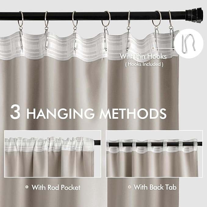 MIULEE Natural Back Tab Blackout Curtains 102 Inch Long 2 Panels Set for Bedroom, Rod Pocket/Pinch Pleated Thermal Insulated Living Room Darkening Light Blocking Floor to Ceiling Drapes