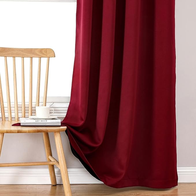 ChrisDowa 100% Blackout Curtains for Bedroom with Black Liner, 2 Thick Layers Total Blackout Thermal Insulated Grommet Window Curtains 2 Panels Set (Burgundy, 52 x 84 Inch)