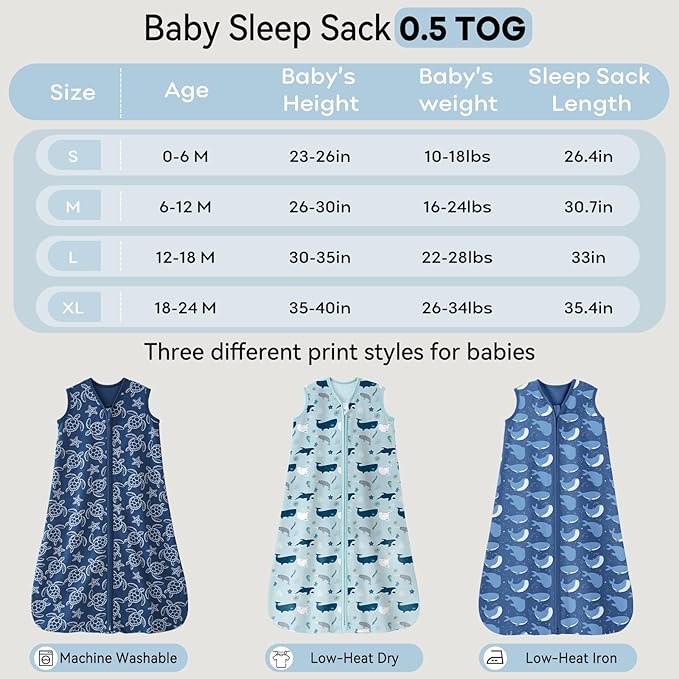 Baby Sleep Sack 6-12 Months 0.5 Tog Wearable Blanket Baby, 3 Pack 100% Cotton Lightweight Sleeping Sack with 2-Way Zipper for Newborn Infant Shark
