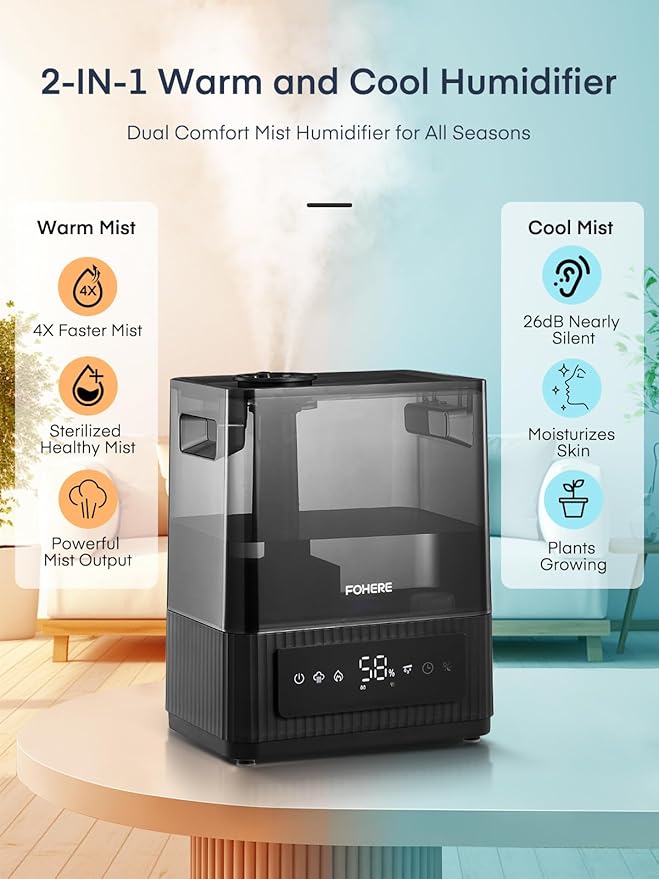FOHERE Smart Humidifiers for Bedroom, 6L Warm and Cool Mist Quiet Humidifier with 60H Runtime, Humidity Control, Oil Diffuser, Sleep Mode, 12H Timer, Light, Top Fill Ultrasonic for Home Baby Plant