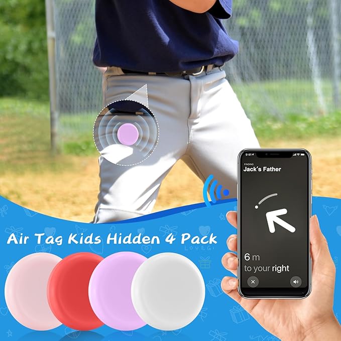 Waterproof Air Tag Holder for Kids, 4 Pack Air Tag Case with Invisible Pin, Soft Silicone Anti-Lost for Apple Air Tag, Used for Children, Elderly, Hidden Inside Clothes, Bag (White/Red/Pink/Purple)