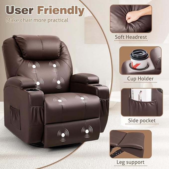 Recliner Chair, 360° Swivel Rocker Chair for Adults, Rocking Recliner Chair with Massage, Comfy Single Sofa with Side Pockets Cup Holders for Living Room, Bedroom, Nursery (Leather, Dark Brown)