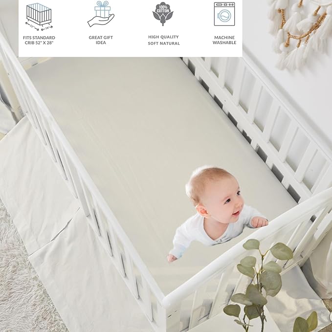 Brandream White Crib Bedding Set 3 Pieces Baby Nursery Collection - Quilt,Crib Sheet,Dust Ruffle-100% Washed Cotton Like Linen Supersoft Classic Quilted Plaid Off White Cream