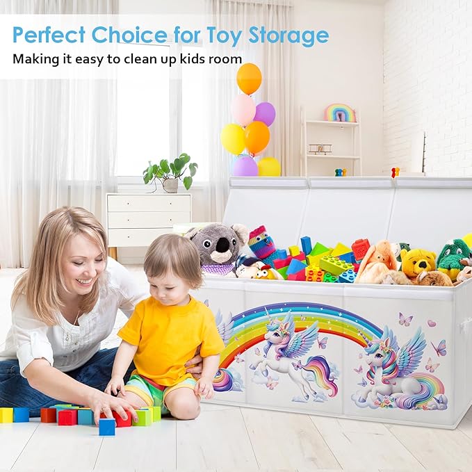 Large Toy Box Chest Organizer with Flip Lid for Kids, Collapsible Oxford Toy Storage Box with Handles for Boys Girls, Sturdy Waterproof Storage Organizer for Bedroom Playroom Nursery, 37.7×12.5×15.7''