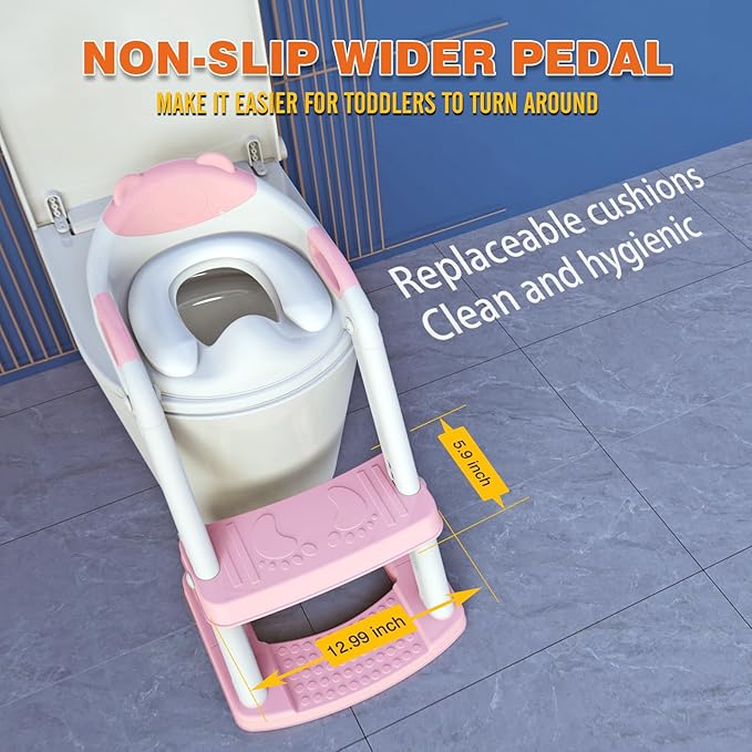 SKYROKU Potty Training Toilet, New Sector-Shape Stabilized Base two in one Toddler Toilet Seat with Splash Guard, Anti Slip Pad, and Step Stool Pink