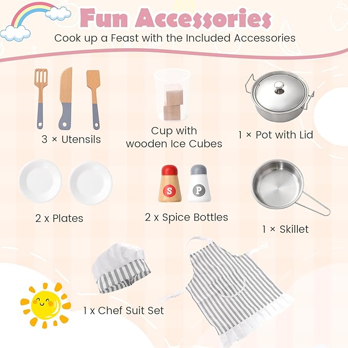 Costzon Corner Kids Kitchen Playset, Wooden Play Kitchen with Sounds & Lights, Washing Machine, Range Hood, Ice Maker, Microwave, Oven, Sink, Pretend Toy Kitchen Set for Toddler, Gift for Boys Girls