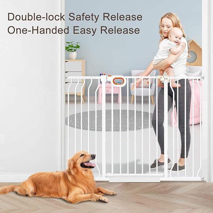 owlie 37.4" Extra Tall Wide Baby Gate for Stairs Doorways,75-85 Inch Extra Large Long Baby Gate with Door Indoor Safety Metal Pressure Mounted Pet Gate with Walk-Thru Auto Close, White