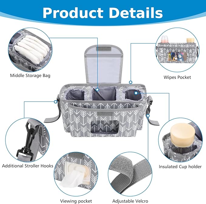 Accmor Universal Stroller Organizer with Insulated Cup Holder and Shoulder Strap, Stroller Bag Caddy Organizer Stroller Accessories for Uppababy, Baby Jogger, Nuna, Doona, Britax Strollers