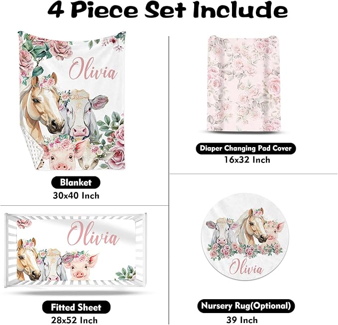 Custom Nursery Crib Bedding Set: Personalized Name 4 Piece Flower Horse Design Baby Crib Sets for Girls - Toddler Double Layer Blanket Set, Comfortable Crib Bed Sheets for Baby Toddlers