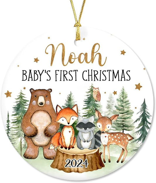 Unifury Personalized Baby First Christmas Ornament 2024, Adorable Keepsake for Babies First Christmas Tree, Holiday Decor for Celebrating Ceramic Babys 1st Christmas Ornament 2024, Woodland Animal