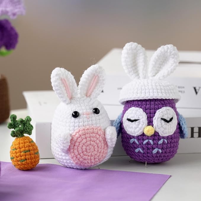 yhwsymgmho Crochet Kit for Beginners:2pcs Animals Crochet Starter Kits with Step-by-Step Video Tutorials,Easy Knitting Set for Adults Kids,DIY Crocheting Doll Gift(Bunny and owl)