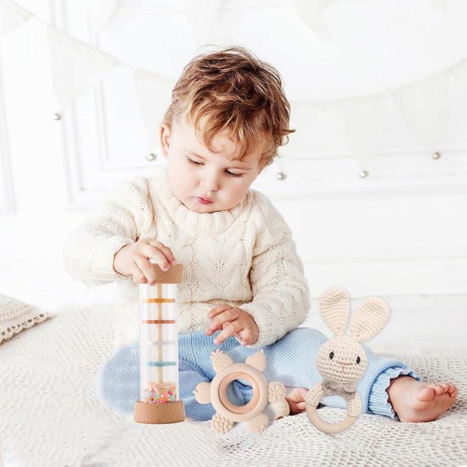 Youuys Wooden Baby Rattle Set (3pcs) - Crochet Rattle Rain Stick Teething Toys, Wooden Montessori Toy for Newborn Infant Baby Rattles Set Toys 3-6-12 Months (Bunny)