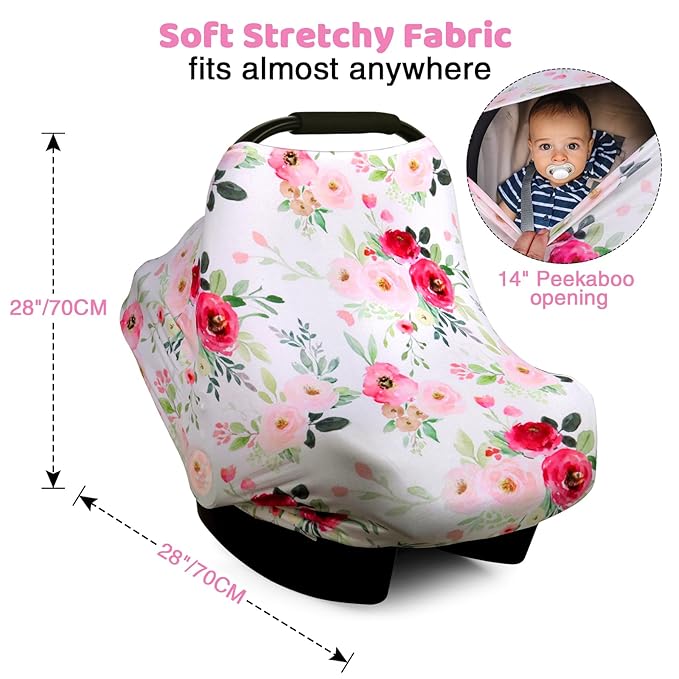 Rquite All-in-1 Car Seat Cover Baby, Carseat Covers for Girl Boy, Stretchy Soft Infant Car Seat Cover, Multi-use Baby Carrier Cover, Car Seat Canopy, Stroller Sun Shade, Nursing Breastfeeding Cover