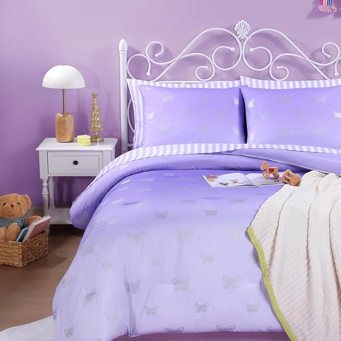 Queen Comforter Set with Sheets for Girls-7 Pieces Queen Bedding Sets with Purple Comforter, Sheets, Pillowcases & Shams for Kids (Purple Butterfly, 90" X 90")
