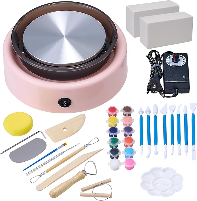 VEVOR Mini Pottery Wheel, 6 inch Turntable, Forward and Reverse Rotation, Adjustable Speed, Electric Clay Wheel for Kids and Beginners, with Shaping Tools, for Home DIY, Pottery Classes, Pink