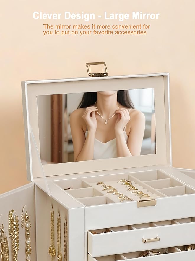 BOOVO Jewelry Box For women, 6 Layer Large Jewelry Organizer With Mirror, Multi-Function Storage Box With Lock, Necklace Holder With 5 Drawers, For Earrings Necklace Bracelet (Pearl White and Gold)