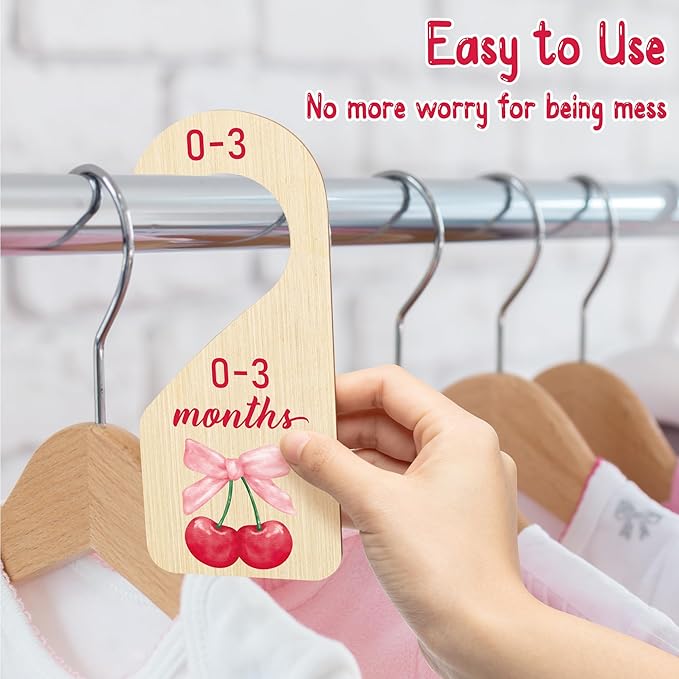 R HORSE Wooden Baby Closet Dividers - 8Pcs Double-Sided Cherry Pink Bow Baby Closet Organizer Newborn Clothes Size Hanger Dividers Nursery Decor Baby Shower Birthday Gift for Boy Girl (0-24 Months)