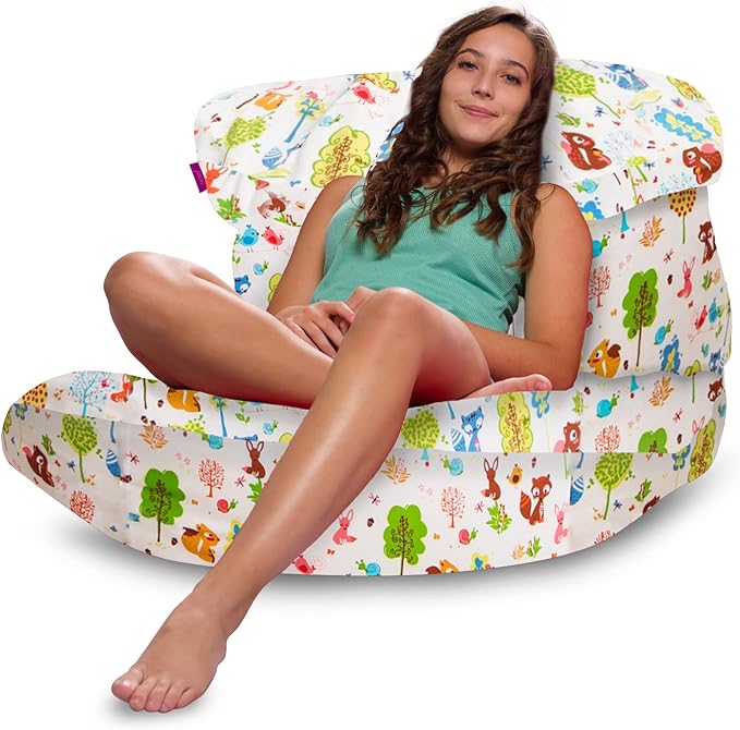 Posh Creations Bean Bag Chair Lounger Structured Seat for Kids, Teens and Adults, Comfy Chair for Gaming, Reading and Watching TV, Laguna Lounger, Canvas - Forest Critters on White