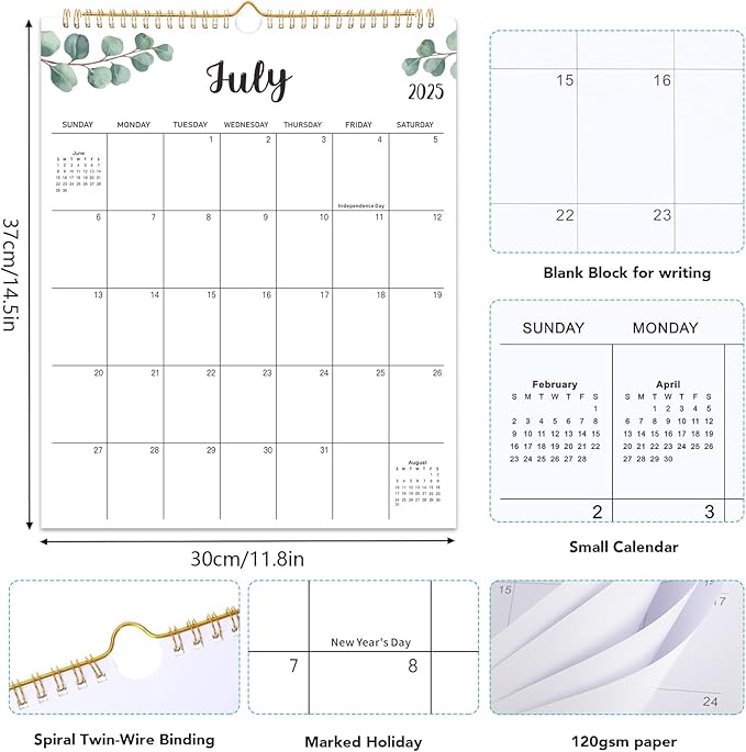 Wall Calendar 2025-2026, 18 Month Calendar from July 2025 to December 2026 14.5" x 11.8" Large Desk Calendar with Twin-Wire Binding for Home Office Planning Personal Organisers, Green Leaf