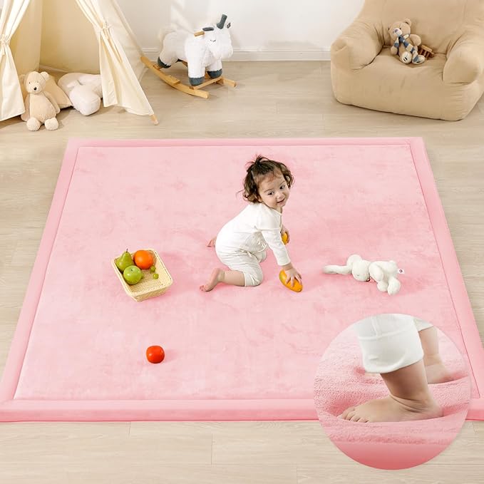1.3" Thick Baby Play Mat for Floor Playpen, 71x59 Large Foam Tummy Time Mat, Padded Support Soft Plush Nursery Rug for Infant Kids Toddler Crawling Kick Activity (Pink)