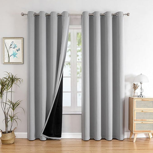 ChrisDowa 100% Blackout Curtains for Bedroom with Black Liner, 2 Thick Layers Total Blackout Thermal Insulated Grommet Window Curtains 84 Inch Long 2 Panels Set (Light Grey, 52 x 84 Inch)