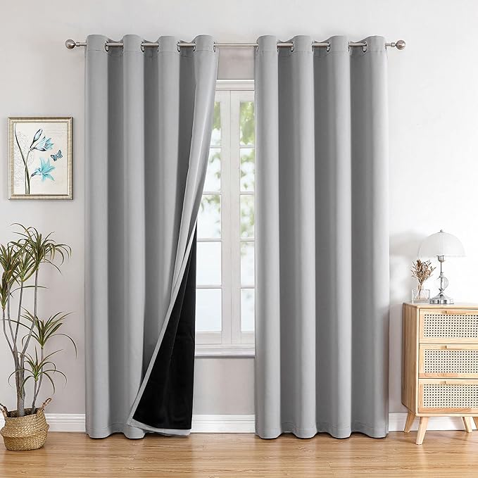 ChrisDowa 100% Blackout Curtains 120 inch Long for Bedroom with Black Liner, 2 Thick Layers Total Blackout Thermal Insulated Grommet Long Window Curtains 2 Panels Set (Light Grey, 52 x 120 Inch)