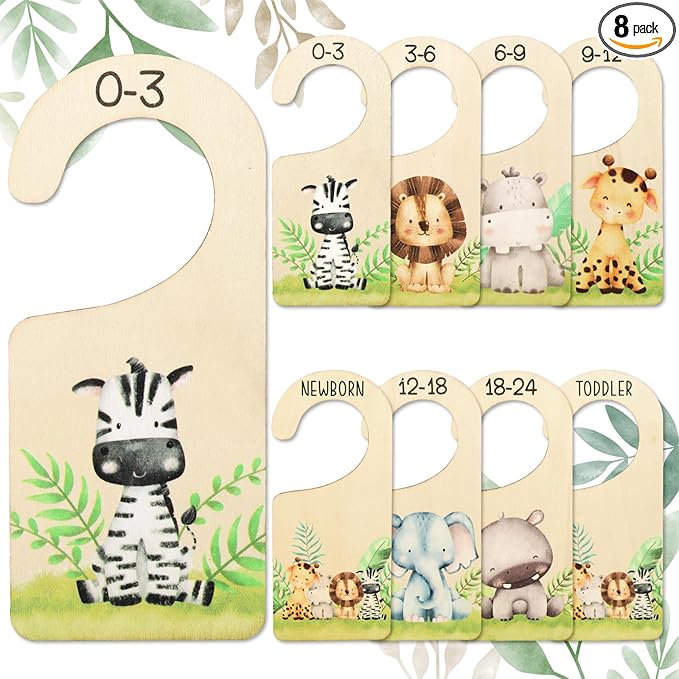 Whaline 8Pcs Baby Closet Size Dividers Watercolor Safari Animals Hanging Wooden Baby Closet Organizer Newborn to 24 Months Thicken Baby Wardrobe Organizer
