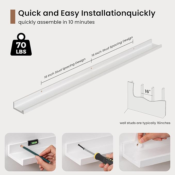 Picture Ledge Shelf, Solid Pine Wood Floating Shelves Set of 2, 48 Inches Nursery Book Shelves for Toys Storage, Kids Bookshelf Wall Mounted for Living Room Bedroom Decor Books Photo Frames, White