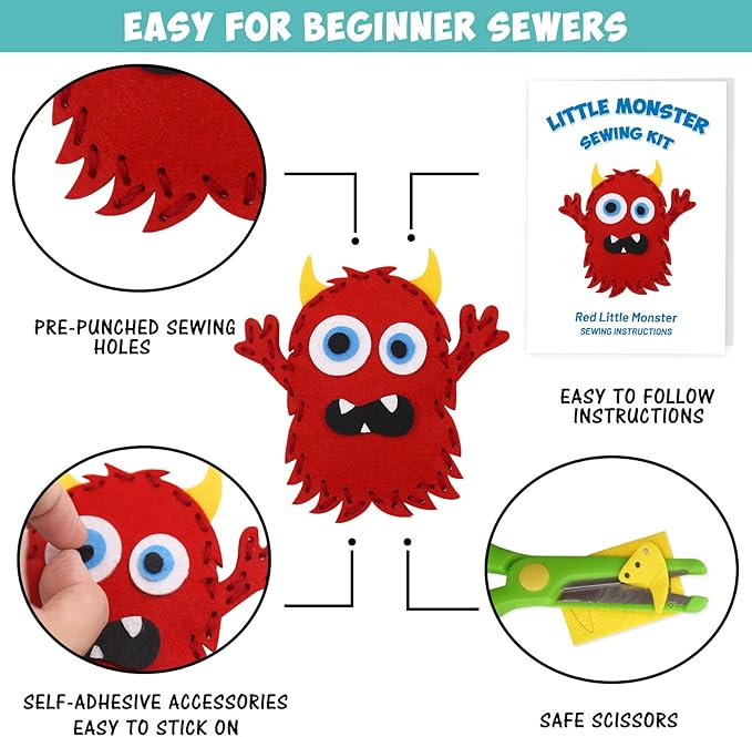 CiyvoLyeen Little Monsters Craft Kit Adopt A Monster Felt Plush DIY Sewing Art Educational Toys Monster Craft Gift Learn How to Sew for Beginners Set of 12 Sewing Kits